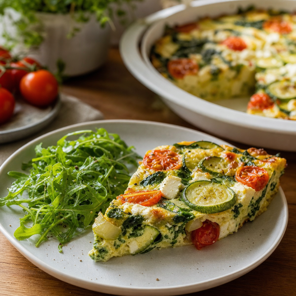 Ovnsbakt frittata med squash, spinat, tomat og feta