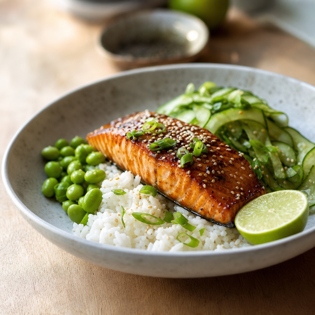 Teriyaki-laks med jasminris, agurk og edamame