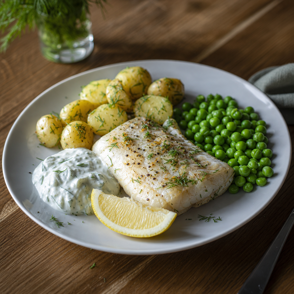 Ovnsbakt sei med dillpoteter, erter og tzatziki