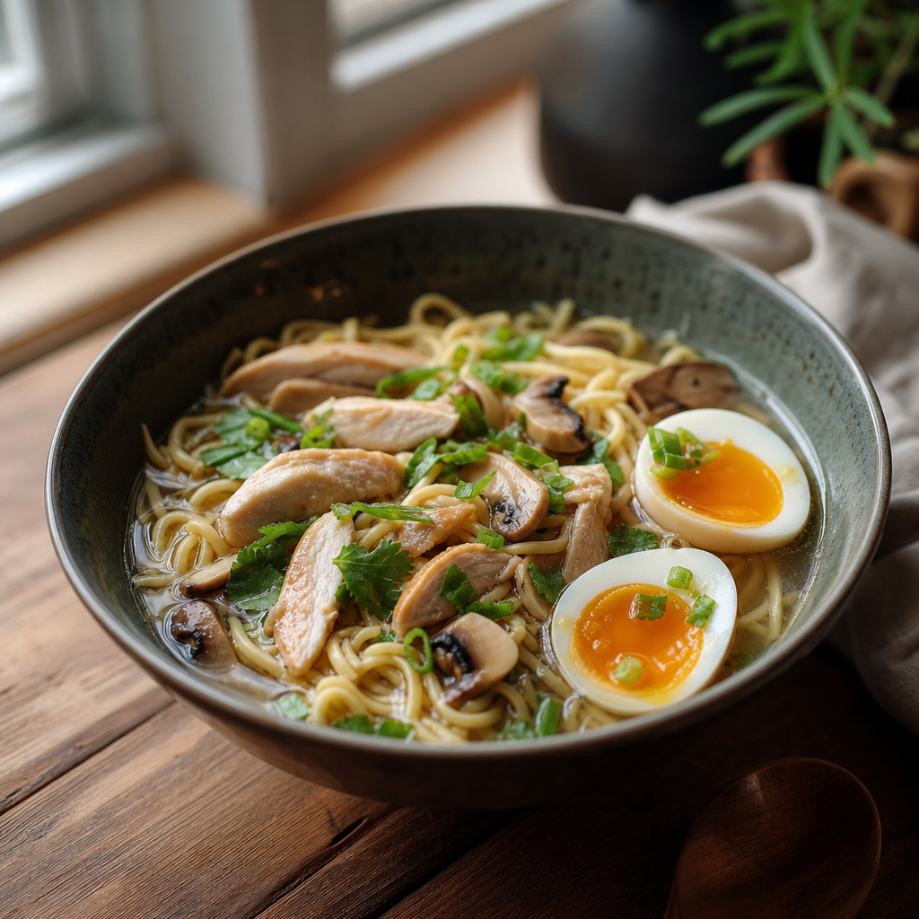 Asiatisk nudelsuppe med kylling, sopp og egg