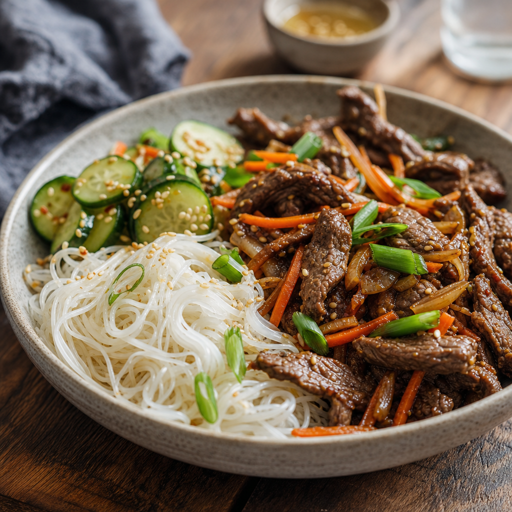 Bulgogi-inspirert biffwok med risnudler og agurk-sesamsalat