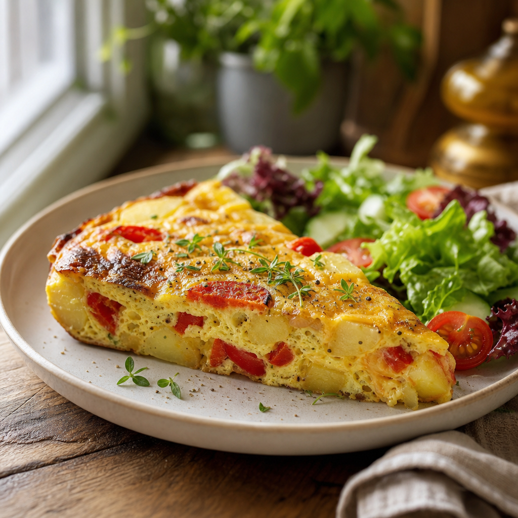 Potet- og grønnsaksfrittata med ost og enkel salat