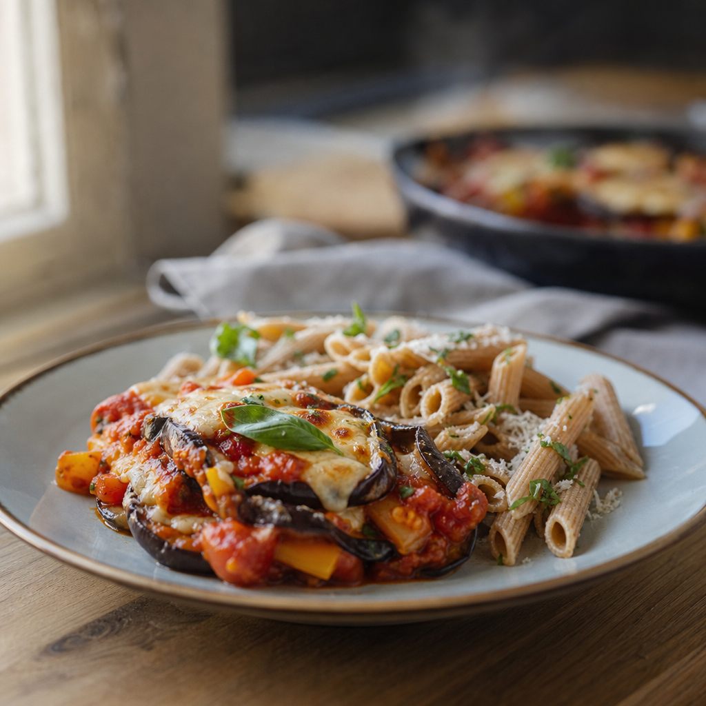 Auberginegrateng med tomat- og paprikasaus, mozzarella og fullkornspasta