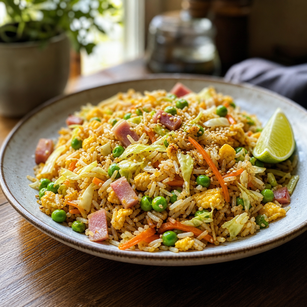 Stekt ris med egg, grønnsaker og skinke, med sesam og lime