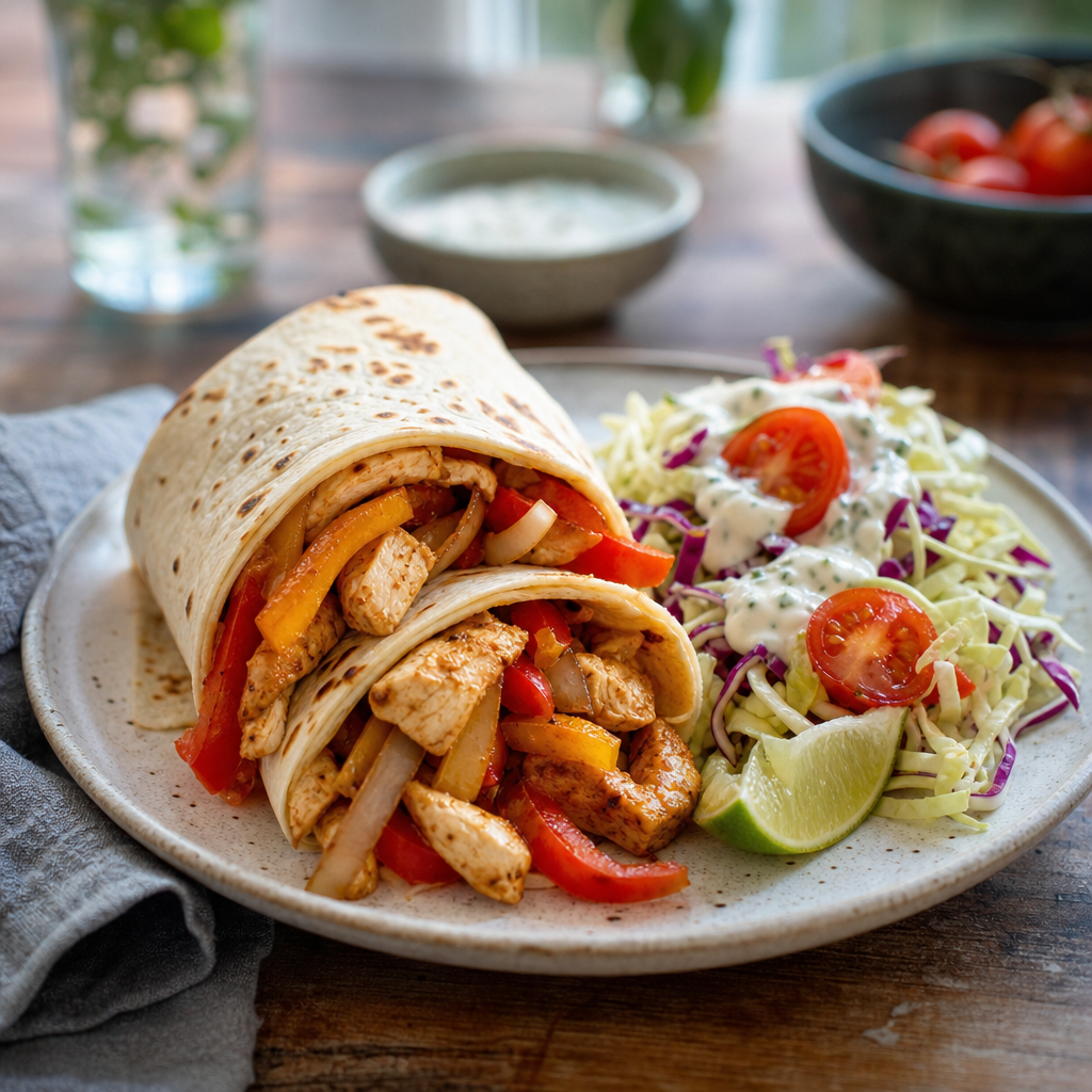Kyllingfajitas med kålsalat, cherrytomater og limeyoghurt