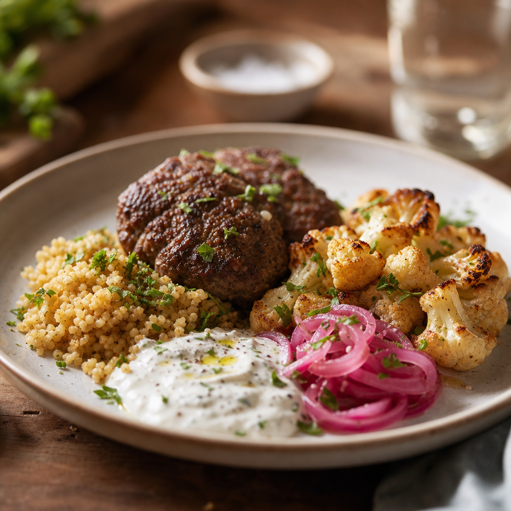 Kjøttdeigkofta med bulgur, ovnsbakt blomkål, sitronrømme og syltet rødløk
