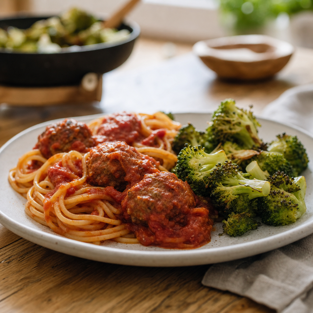 Spaghetti med kjøttboller i tomatsaus og ovnsbakt brokkoli