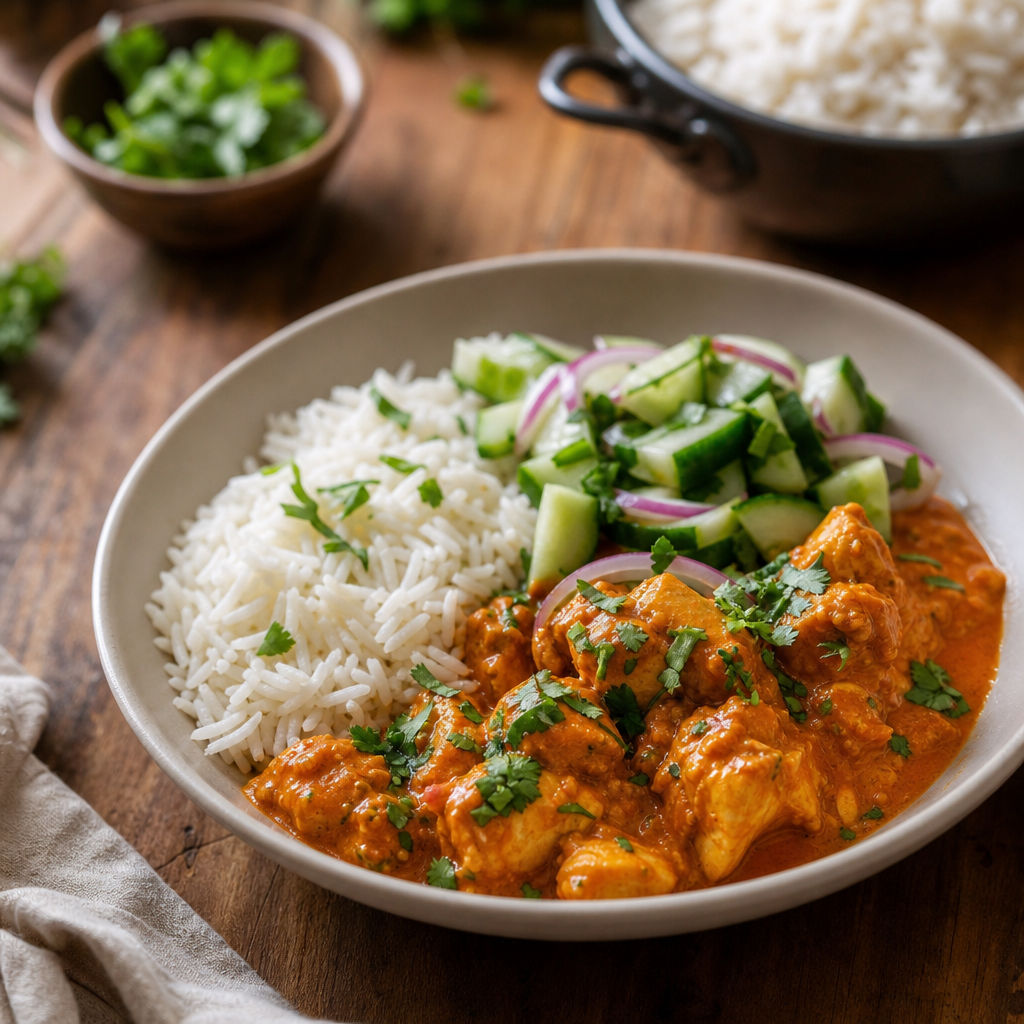 Kylling tikka masala med basmatiris og frisk agurksalat