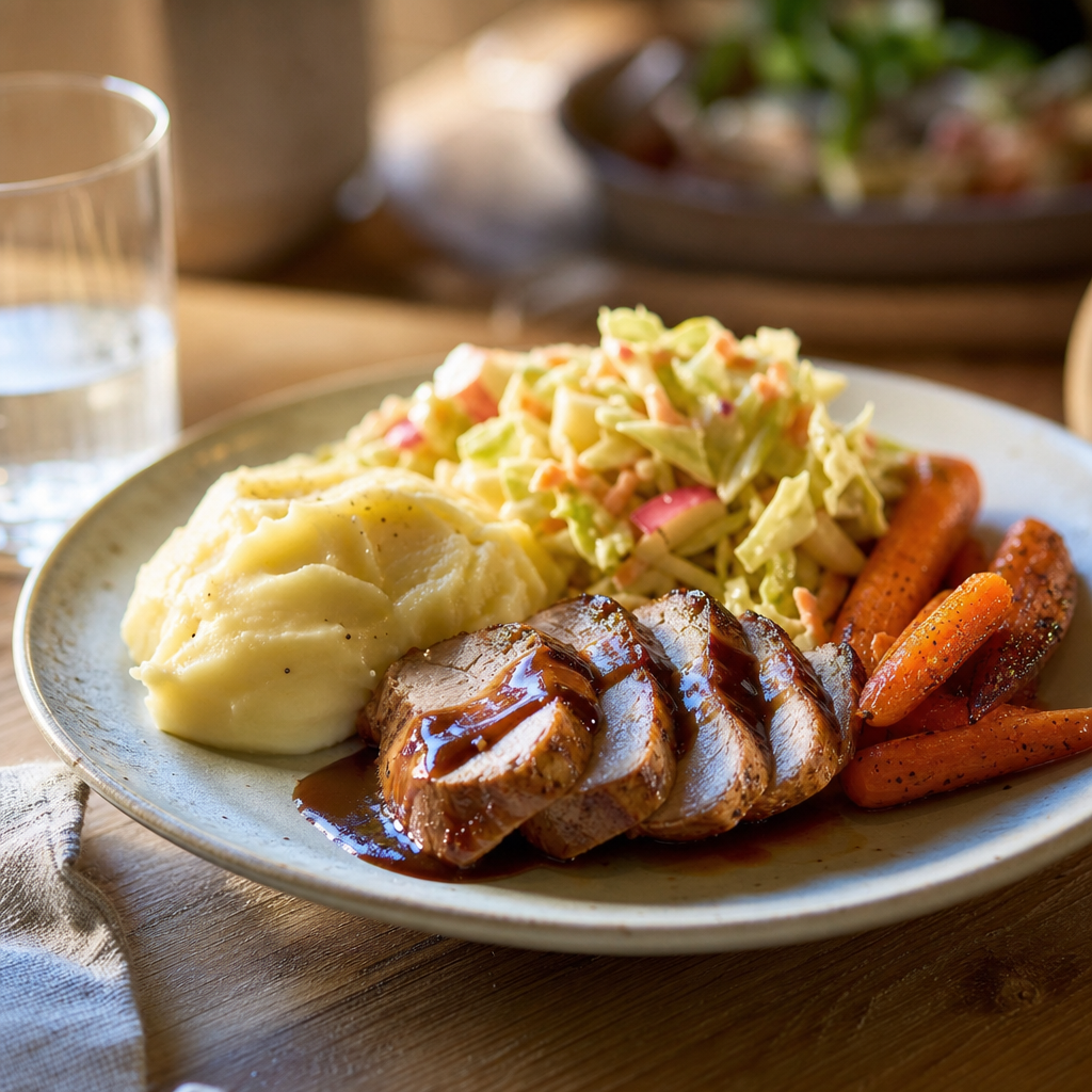 BBQ-glassert svinefilet med coleslaw, potetmos og ovnsbakte gulrøtter