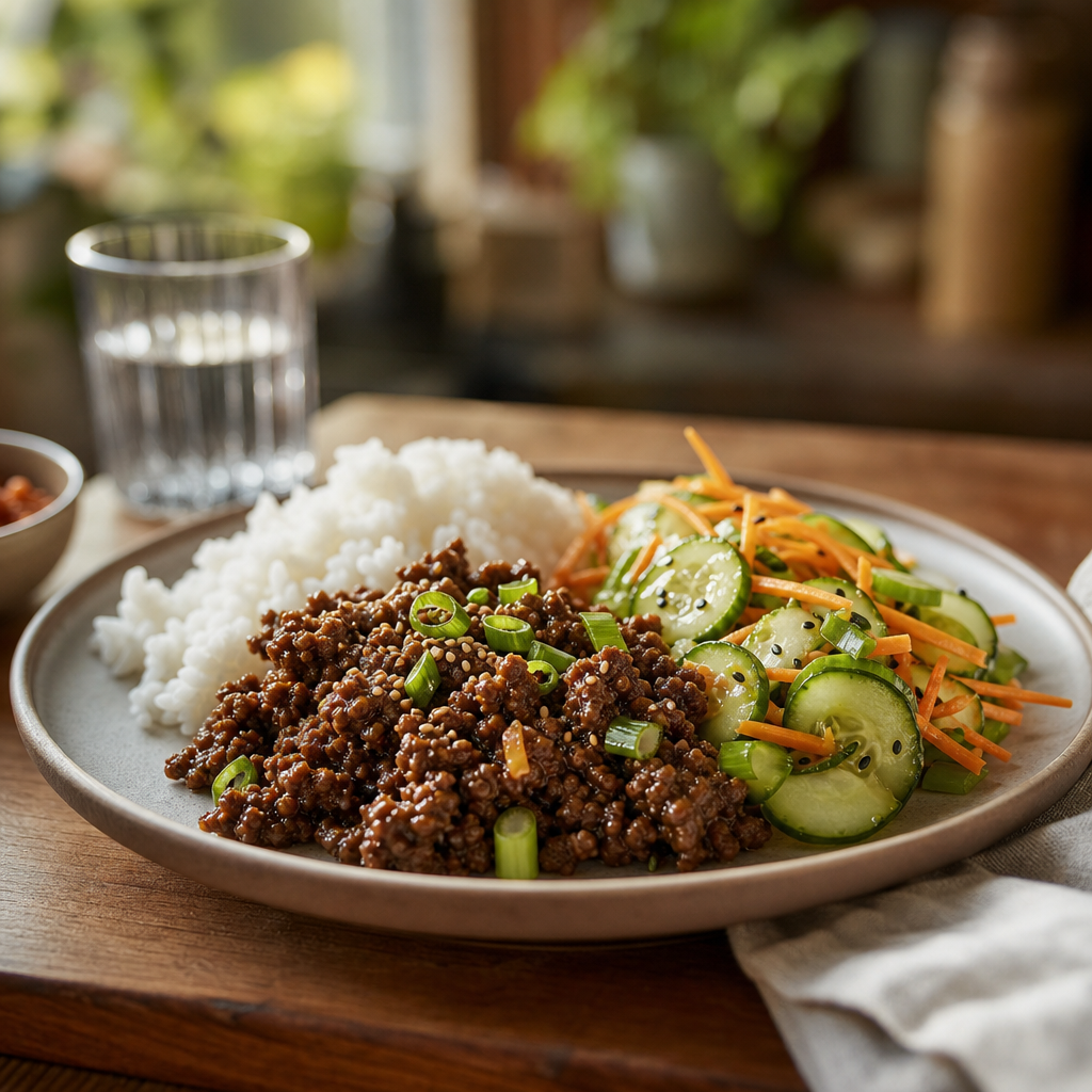 Koreansk kjøttdeig med ris og sprø agurksalat