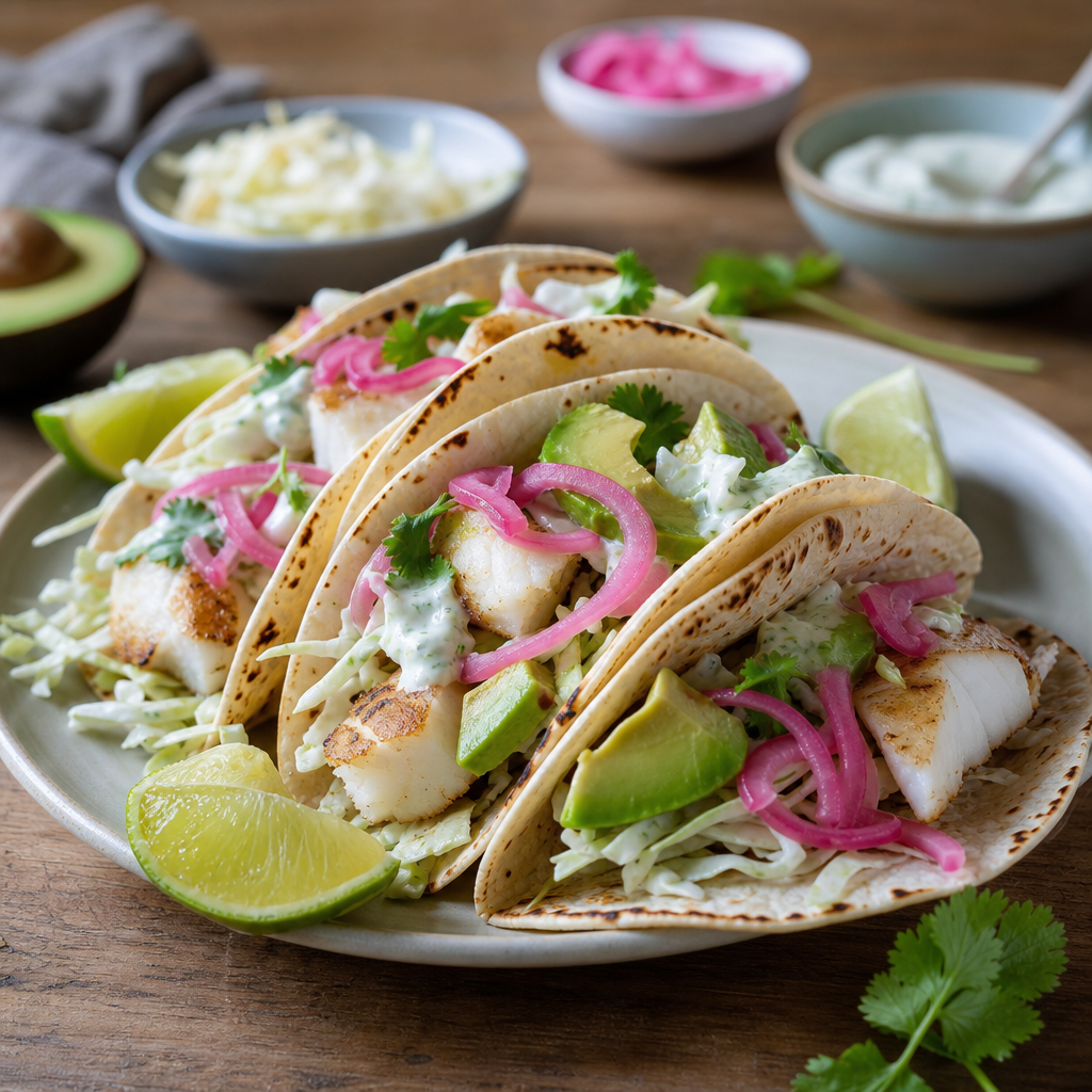 Fisketacos med sprø kål, syltet rødløk og limeyoghurt