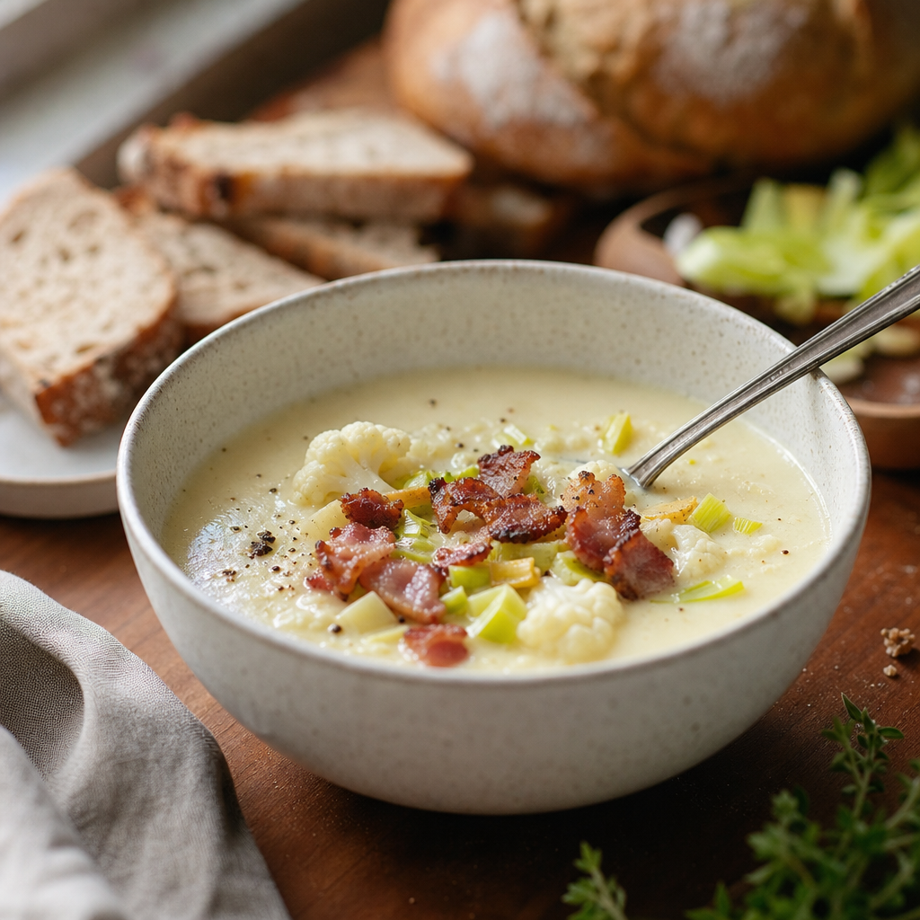 Blomkålsuppe med bacon, purre og grovt brød
