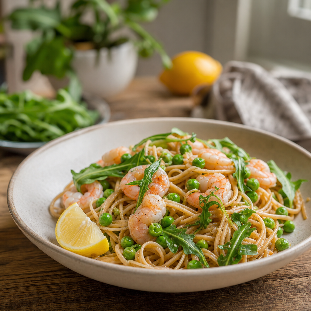 Sitronpasta med reker, erter og ruccola